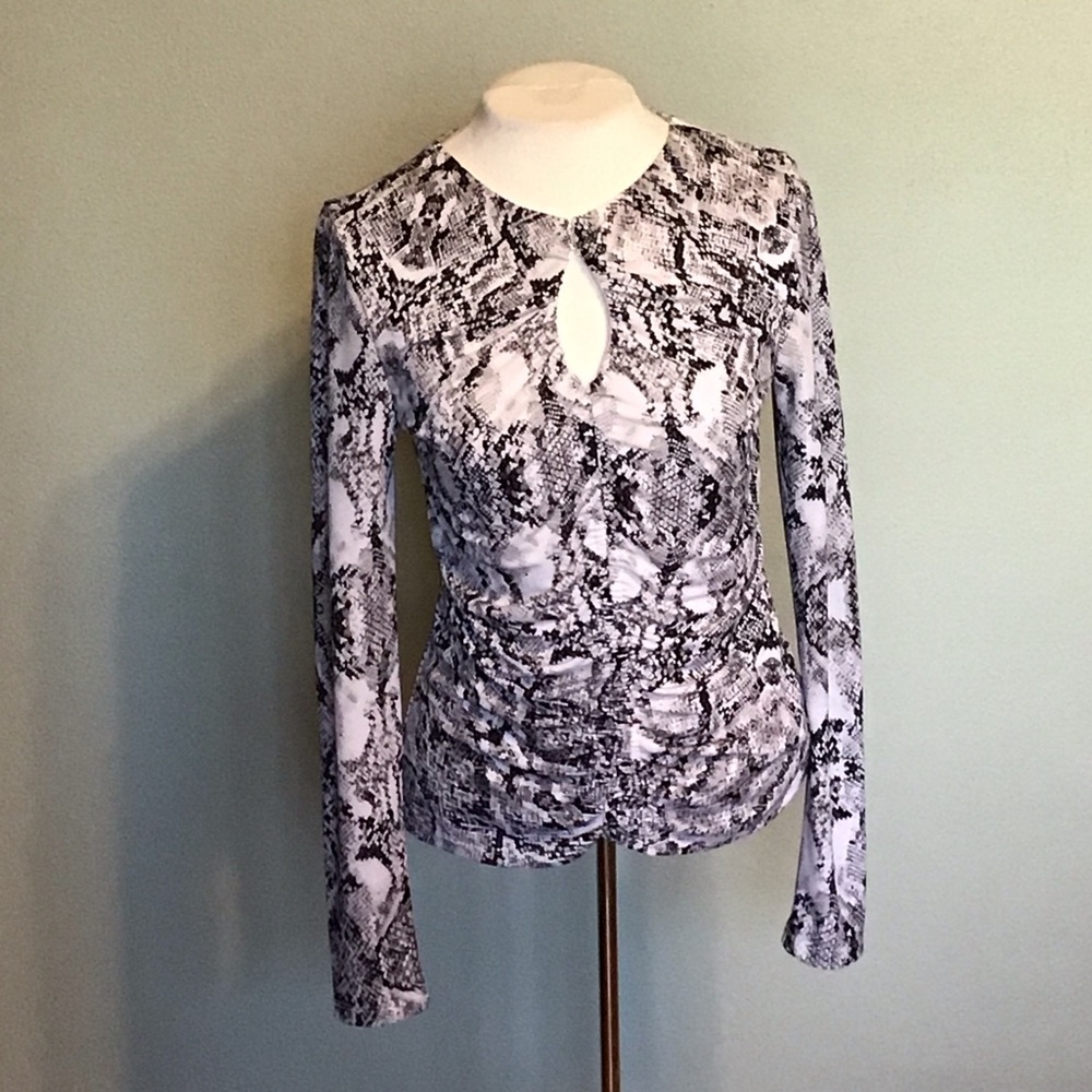 INC Women's Snake Print Ruched Keyhole Round Neck Long Sleeve Top